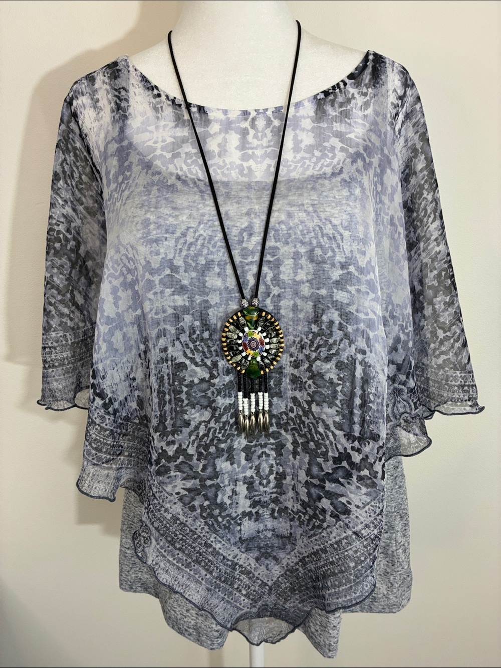One World Blue Gray Printed Poncho Style Women's Top L